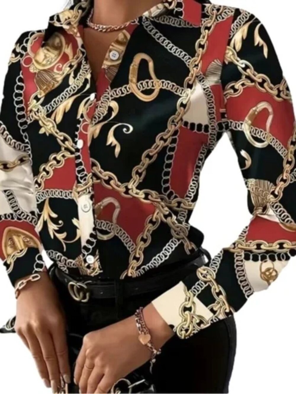Black Red Chain Print Button-Up Blouse – Long Sleeve Baroque Satin Shirt